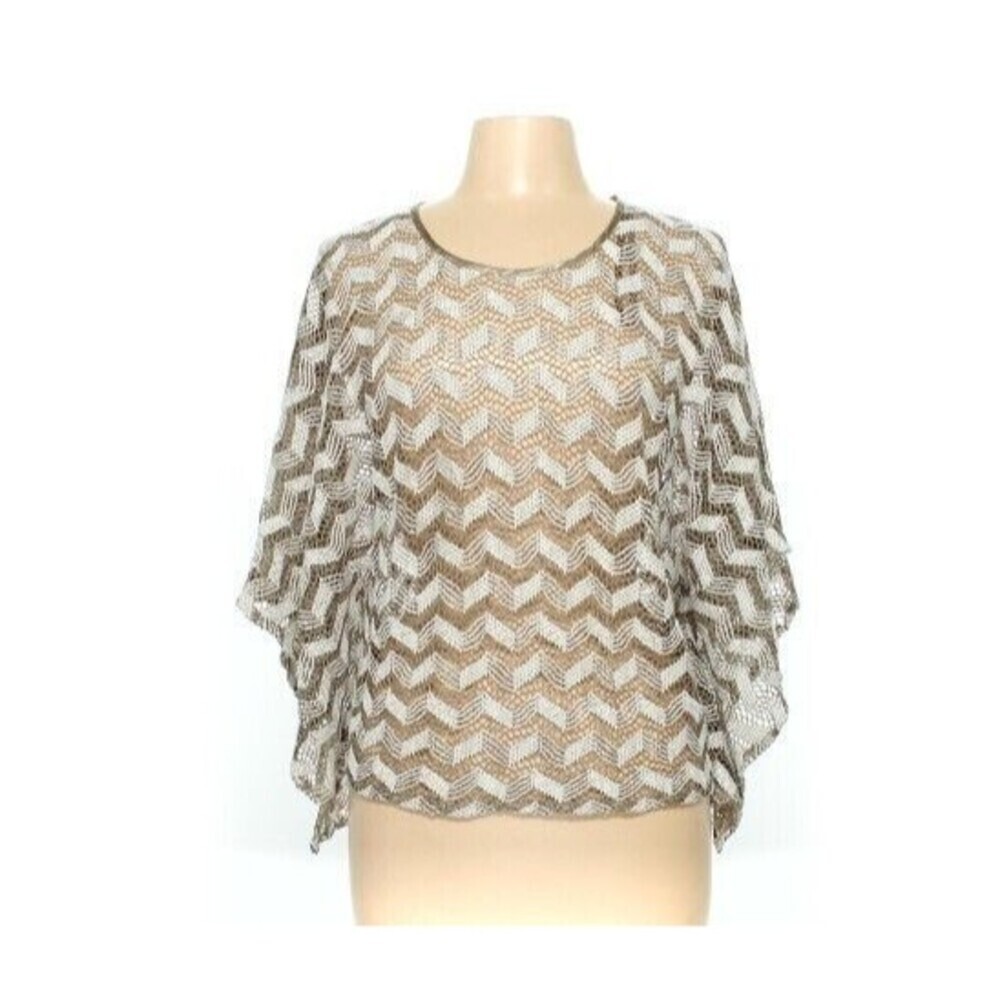 Valerie Stevens Womens Poncho Blouse Sz L Gold Cream Chevron Light Open Knit